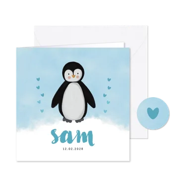 Lief pinguïn geboortekaartje met waterverf jongen